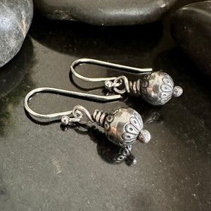 Navajo Pearl dangle earrings, Sterling Silver beaded dangle earrings, 8mm stamped sterling beads, drop earrings, gift for her