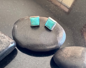 Kingman Turquoise post Earrings, 8mm square Turquoise and sterling silver, blue Turquoise Earrings, boho jewelry, stud Earrings, handmade