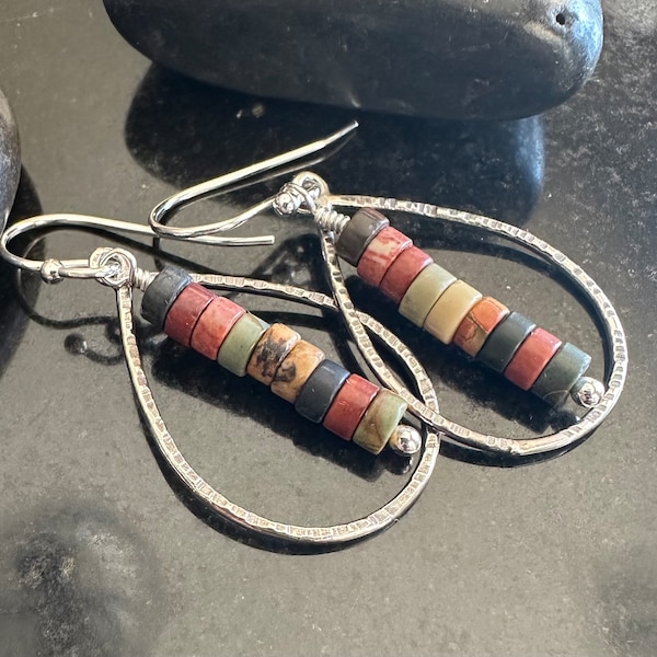 Red Creek Jasper and Sterling Silver Teardrop Hoop earrings, Beaded teardrop Hoops, Birch Textured multicolor Jasper Earrings