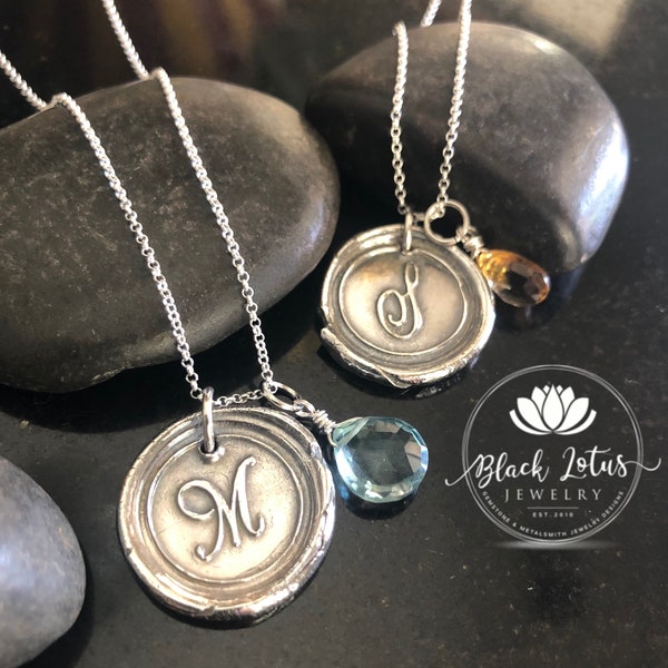 Fine Silver Wax Seal Initial Necklace, Wax Seal Pendant, Monogram Necklace, Personalized Jewelry includes Natural Gemstone Birthstone