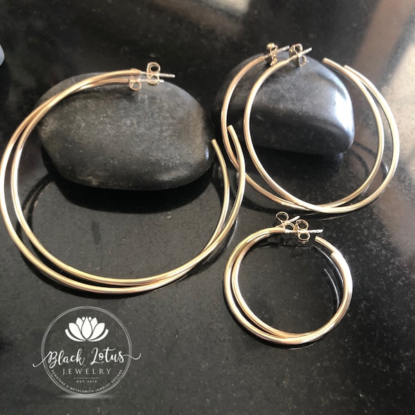 Classic Thin Gold Hoop Earrings, Post Back Hoop Earrings, gold or rose gold filled hoops, 9 sizes from 1/2”, 1”, 1.5”, 2”, 2.5”, 3”.