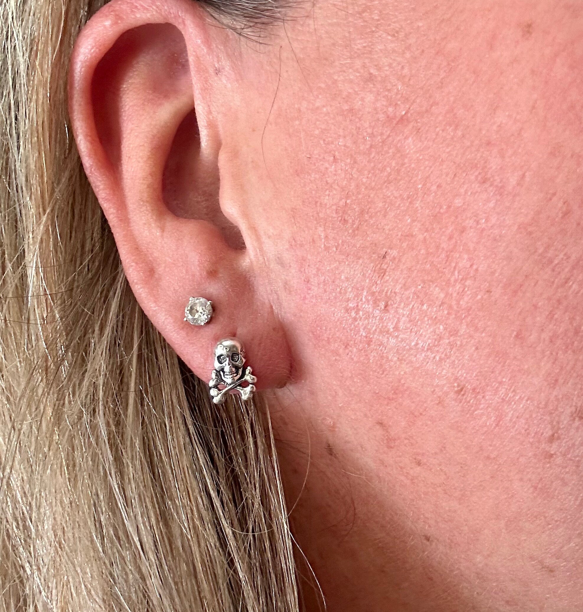 Orecchini A Spada Con Teschio E Ossa Incrociate &ndash; Argento Sterling Anni 80 Vintage