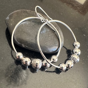 Navajo Pearl hoop earrings, Sterling Silver floating bead hoops, dangle hoop earrings, stamped sterling beads, gift for her, 1.5” wide