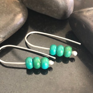 Vibrant Green Turquoise and Sterling silver Earrings, Simple open Hoop Earrings, Minimalist Jewelry, Threader, 1.25”, Green dangles