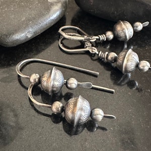 Stamped Navajo Pearl earrings, Sterling Silver beaded earrings, Arches or Dangles, sterling silver stamped bench beads, gift for her