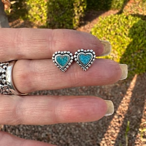 Turquoise heart Stud Earrings, Sterling Silver beaded hearts,  Turquoise inlay, Post Earrings, gift for her
