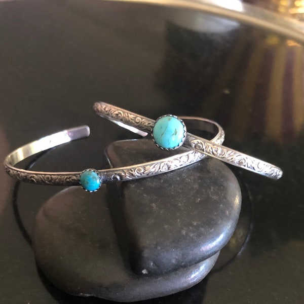 Sterling Silver and Turquoise Cuff Bracelet, Adjustable Cuff, Stacking Cuff, Boho jewelry, Western bracelet, Floral cuff Bracelet,