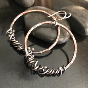 Rustic Mixed Metal Hoop earrings, Sterling Silver and pure Copper Hoops, twig wrap, Circle Earrings, thick metals, metalsmith jewelry