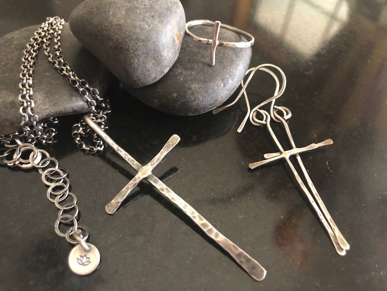 Gold Cross Earrings Long Hand Hammered Cross Dangle Etsy