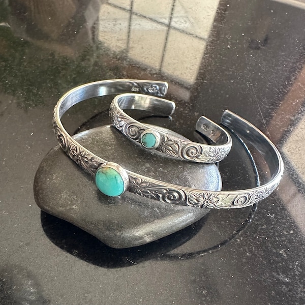 Mother Daughter Turquoise Cuff Bracelets, Adjustable, set of 2, Mother and Newborn, mom and baby gift - thick sterling cuffs