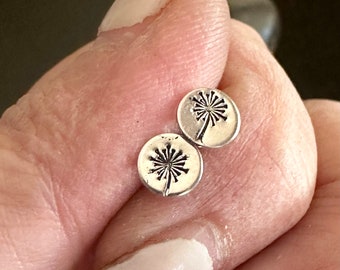 Sterling Silver Dandelion Stud Earrings, post earrings, disc Earrings, hand stamped studs, Make a Wish, Dainty Silver Earrings, 6mm