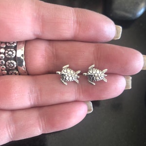 May include: A pair of silver turtle stud earrings. The turtles are small and detailed, with textured shells.