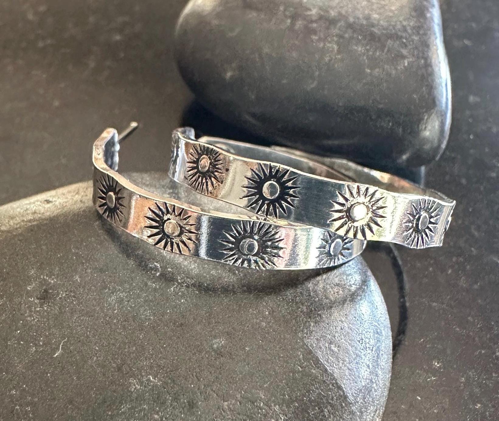 Hand stamped Sterling Silver Hoops, Native Sun Stamped Hoop Earrings, Silver Hoops, Post back earrings, lightweight