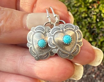 Kingman Turquoise and Sterling Silver Heart Concho Earrings, Blue Turquoise Dangle Earrings, lightweight stamped earrings, gift for her