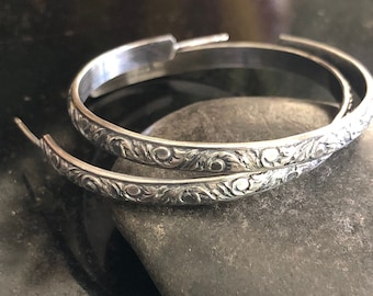 Sterling Silver western floral Post Hoop Earrings, boho Hoop Earrings, Sterling Silver stud Hoops, Post back, pattern hoops
