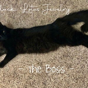 K&ouml;nnte beinhalten: Eine schwarze Katze mit gr&uuml;nen Augen liegt auf einem braunen Teppich. Die Katze schaut in die Kamera. Der Text "Black Lotus Jewelry - The Boss -" ist in Wei&szlig; auf dem Teppich geschrieben.