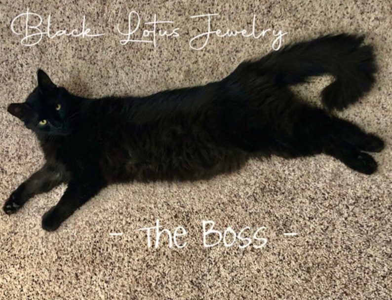 K&ouml;nnte beinhalten: Eine schwarze Katze mit gr&uuml;nen Augen liegt auf einem braunen Teppich. Die Katze schaut in die Kamera. Der Text "Black Lotus Jewelry - The Boss -" ist in Wei&szlig; auf dem Teppich geschrieben.