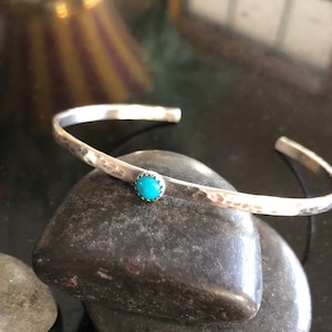 Simple Kingman Turquoise and Sterling Silver Cuff Bracelet, Hammered adjustable Cuff, Stacking Cuff, sterling silver bracelet
