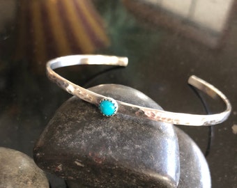 Simple Kingman Turquoise and Sterling Silver Cuff Bracelet, Hammered adjustable Cuff, Stacking Cuff, sterling silver bracelet