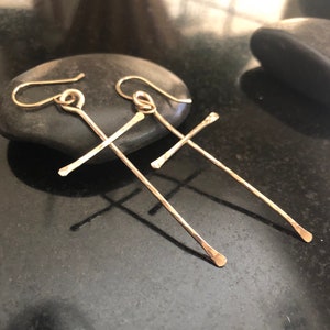 Gold Cross Earrings - long Hand forged, Hammered cross dangle earrings, Rustic Cross, Handmade Jewelry, Gift for Her