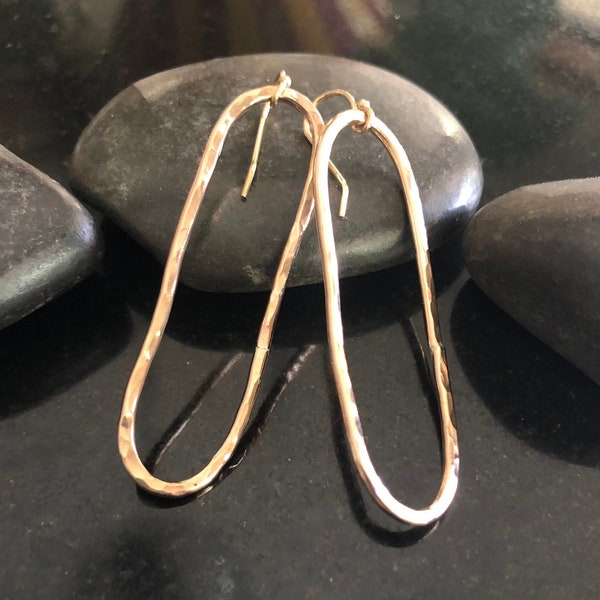 Gold Long Hoop Earrings, organic hoops, Oblong Earrings, hammered dangle earrings, Gold filled long hoops, Oval Hammered Hoops, 2.5” long