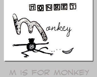 M is for Monkey Animal ABC Alphabet Kid Art Print