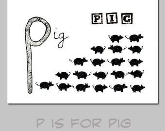 P is for Pig Animal ABC Alphabet Kid Art Print