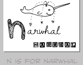 N is for Narwhal Animal ABC Alphabet Kid Art Print