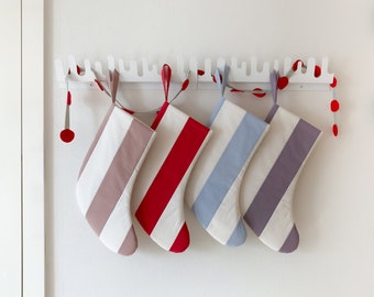stripe christmas stocking :  red, dusty pink, lavender, sky blue