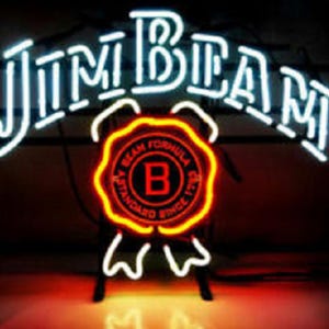 May include: Neon sign with the text "JIM BEAM" in white and blue. A red and yellow seal with the letter "B" is centered below the text. The seal reads "BEAM FORMULA STANDARD SINCE 1795".