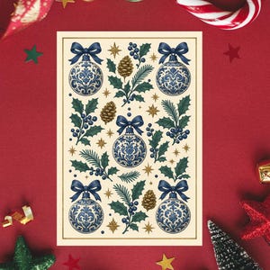 Tarjetas de felicitación, diseño de bolas navideñas de lujo en azul de Delft, tarjetas navideñas, papelería festiva, juego de 10 tarjetas, paquete de 20 tarjetas