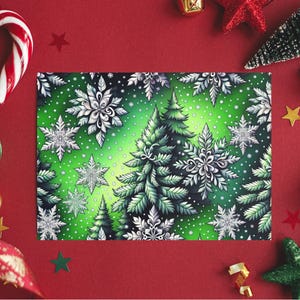 Cartões de Natal, Design de Folhas de Natal, Impressão Frente e Verso, Árvores, Flocos de Neve, Fundo Verde e Branco, Cartões de Saudações Sazonais, Conjunto de Cartões Festivos