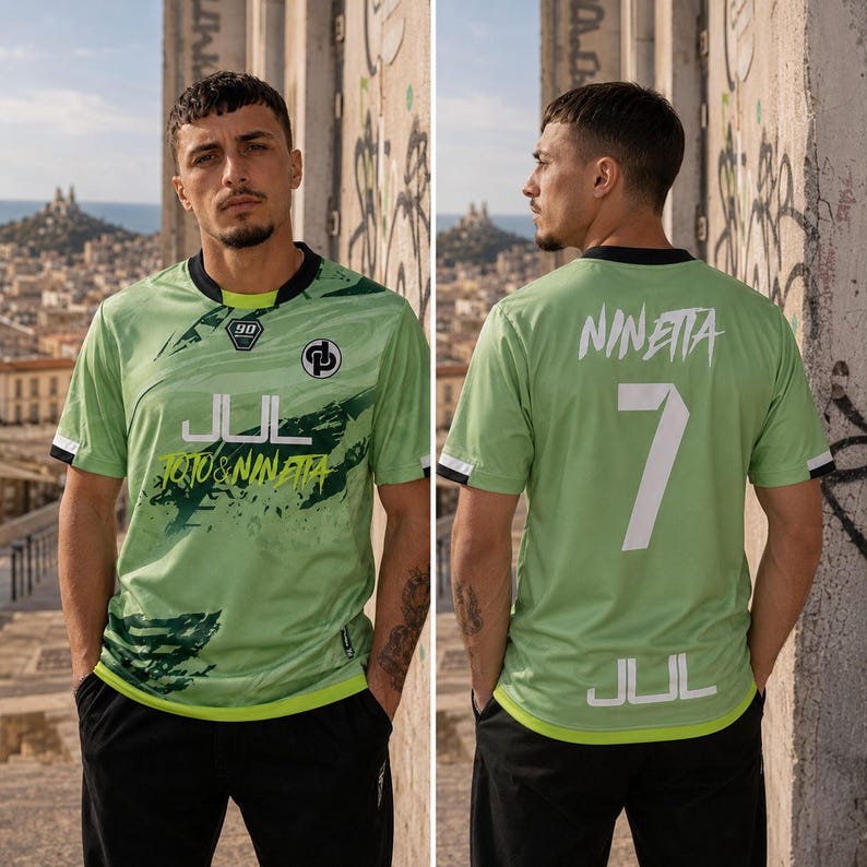 May include: A light green short-sleeved jersey featuring a black crew neck and hem. The front displays the text JUL, TOTO & NINETTA, and a logo. The back features the text NINETTA, the number 7, and the text JUL in white lettering.