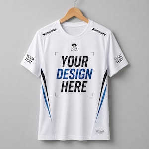 May include: A white short-sleeved athletic t-shirt featuring black and blue side panels with a dotted gradient. The chest displays the text YOUR LOGO, YOUR DESIGN HERE, and YOUR TEXT on both sleeves. The lower right corner reads DRYMAX TECH.
