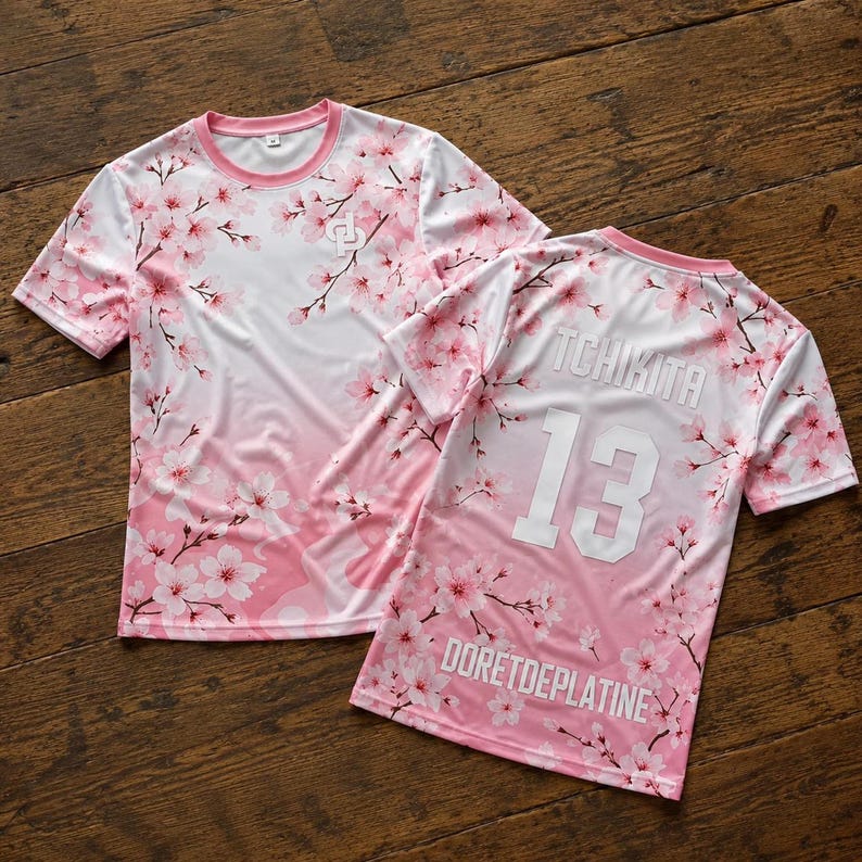 May include: Two short-sleeve t-shirts featuring a pink and white cherry blossom pattern. The front shirt has a small logo on the chest. The back shirt displays the text TCHIKITA, the number 13, and the text DORETDEPLATINE in white lettering.