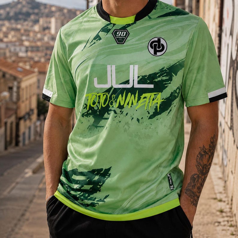 May include: A light green short-sleeve jersey with a dark green marbled pattern, a black crew neckline, and white sleeve cuffs. The front features the text JUL and TOTO & NINETTA, a 90 logo, and a circular emblem with the letters DP in black and white.