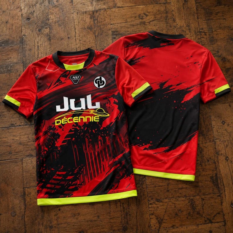 May include: A short-sleeved athletic jersey featuring a red and black abstract brushstroke pattern. The front displays the text JUL D&Eacute;CENNIE with a yellow graphic, a circular logo, and a small black emblem. The collar and hem have neon yellow trim.