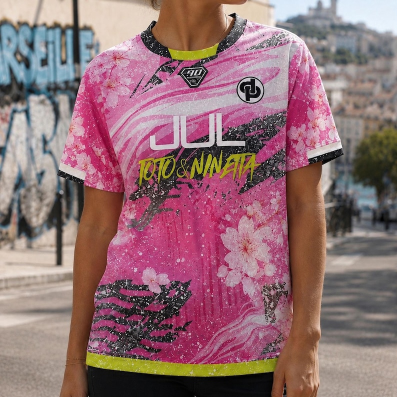 May include: A short-sleeve crew neck shirt in vibrant pink featuring a white cherry blossom pattern, black paint splatter accents, and a bright lime green hem. The chest displays the white text JUL and the yellow text TOTO & NINETA with logos.