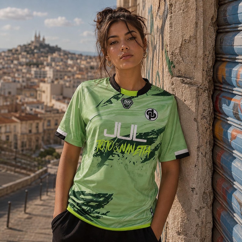 May include: A light green short-sleeve jersey featuring a black crew neckline, black sleeve cuffs, and a dark green abstract pattern. The front displays the white text JUL, the green text TOTO & NINETTA, a circular logo, and a small black 90 patch.