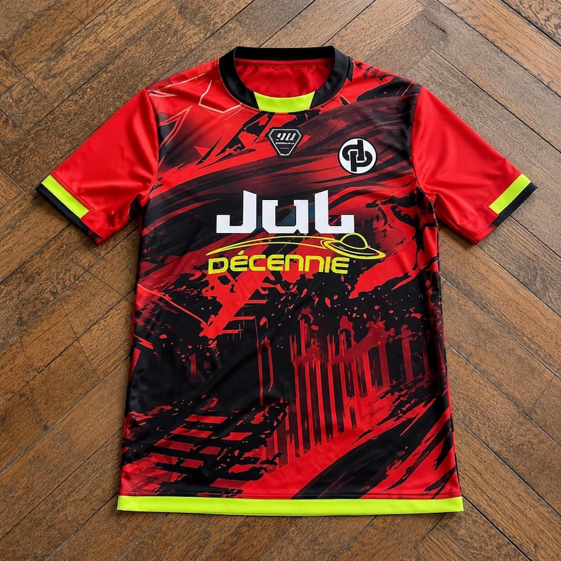 May include: A short-sleeved t-shirt featuring a red and black abstract graphic pattern. The shirt has a black crew neckline with a lime green accent, lime green sleeve cuffs, and a lime green hem. It displays the text JUL and D&Eacute;CENNIE.