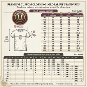 May include: A beige informational chart titled PREMIUM CUSTOM CLOTHING | GLOBAL FIT STANDARDS featuring a diagram of a t-shirt with labeled measurements for shoulder, bust, and sleeve length, alongside a short-sleeved size table and recommendation table in cm.