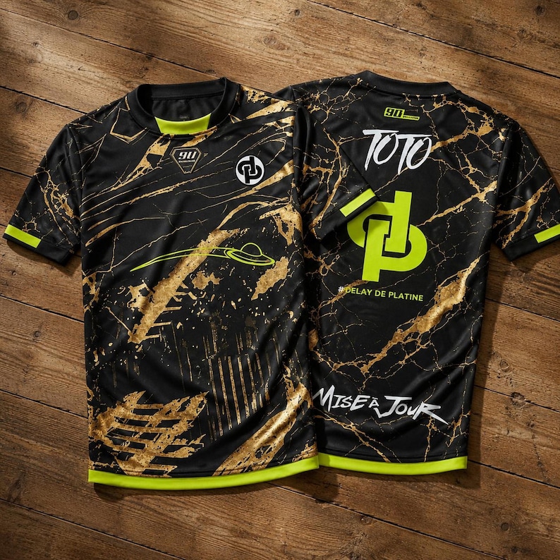May include: A black short-sleeve jersey with a gold marble pattern and neon green accents. The front features a logo and a graphic. The back displays the text TOTO, a large neon green logo, the hashtag #DELAY DE PLATINE, and MISE A JOUR.