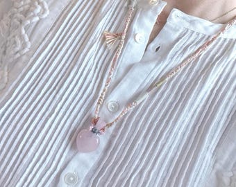 Rose Quartz Heart Perfume Bottle Necklace, Essential Oil Diffuser Pendant, Titanium Steel or Handwoven Cord, Self Care Gift