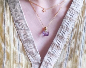 Amethyst Perfume Bottle Necklace, Gold Plated Diffuser Pendant, Faceted Crystal Vial, February Birthstone, Self Care Gift