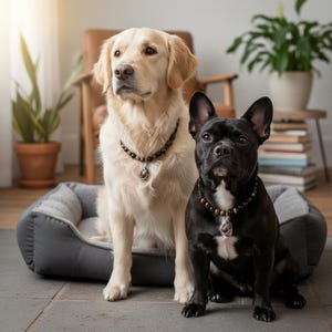Może przedstawiać: Złoty retriever i czarny buldog francuski siedzą obok siebie, obaj w naszyjnikach z koralik&oacute;w z wisiorkami. Znajdują się przed szarym legowiskiem dla psa. Tło obejmuje krzesło, rośliny i stos książek.