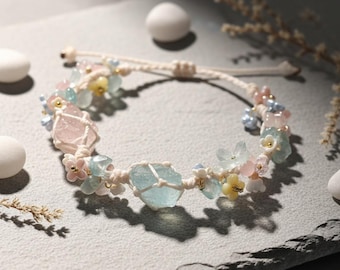 Raw Aquamarine & Rose Quartz Bracelet, Macrame Flower Cuff, Fairycore Crystal Jewelry, Soft Pastel Boho