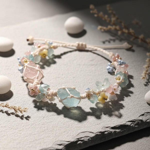 Raw Aquamarine & Rose Quartz Bracelet, Macrame Flower Cuff, Fairycore Crystal Jewelry, Relationship Communication Gift, Soft Pastel Boho