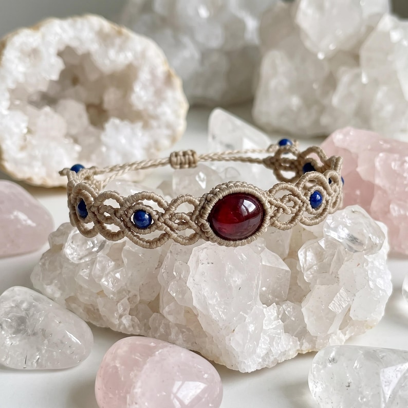 Labradorite Macrame Bracelet, Blue Flash Gemstone, Adjustable Beige Woven Boho Cuff, Garnet Option Garnet