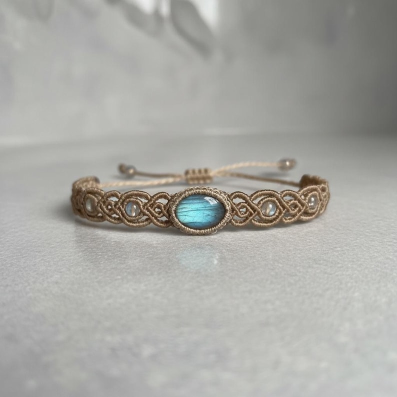 May include: A macrame bracelet with a central oval-shaped blue gemstone and smaller white beads. The bracelet is made of tan-colored cord and has an adjustable sliding knot closure. The design features intricate knotting patterns.