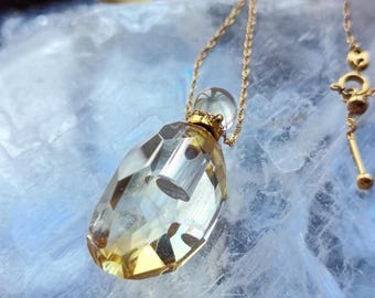 Citrine Perfume Bottle Necklace, 18K Gold Plated Diffuser Pendant, Faceted Crystal Vial, Self Care Gift